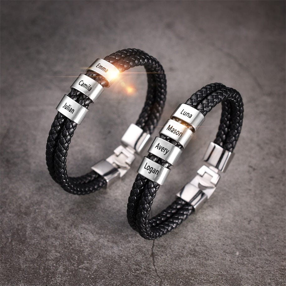 Men Leather Bracelet with Engraved Beads Custom Two Layers Bracelet Black Bracelet For Man MelodyNecklace