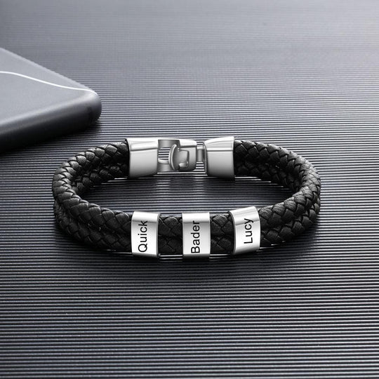Men Leather Bracelet with Engraved Beads Custom Two Layers Bracelet Black n3