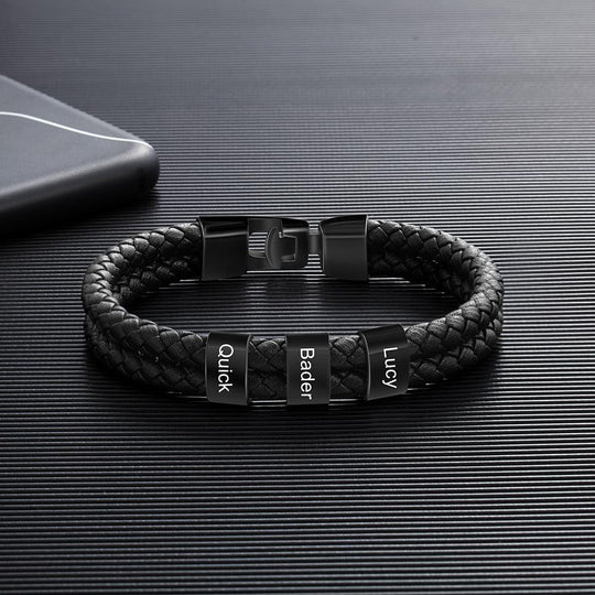 Men Leather Bracelet with Engraved Beads Custom Two Layers Bracelet Black n3