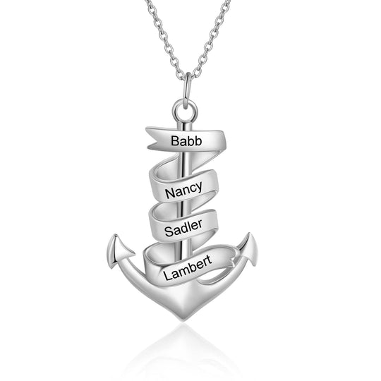 Men's Anchor Pendant Necklace Personalized with 4 Names Custom Gift for Him Silver n4