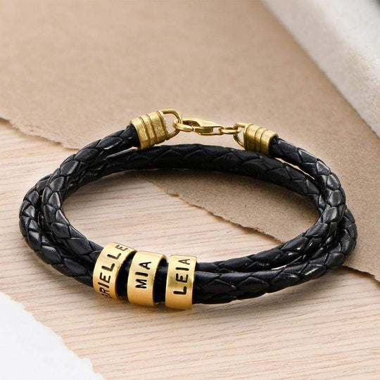Men's Braided Leather Bracelet with Small Custom Beads-Lobster Closure Black / Gold Bracelet For Man MelodyNecklace