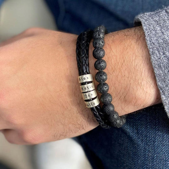 Men's Braided Leather Bracelet with Small Custom Beads-Lobster Closure Black / Silver Bracelet For Man MelodyNecklace