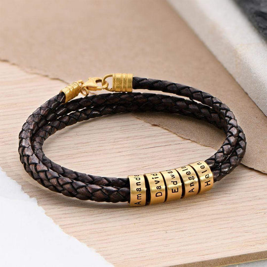 Men's Braided Leather Bracelet with Small Custom Beads-Lobster Closure Bracelet For Man MelodyNecklace