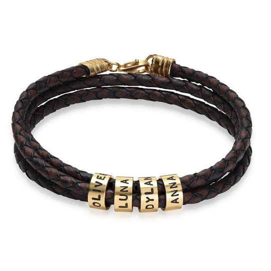 Men's Braided Leather Bracelet with Small Custom Beads-Lobster Closure Brown / Gold Bracelet For Man MelodyNecklace