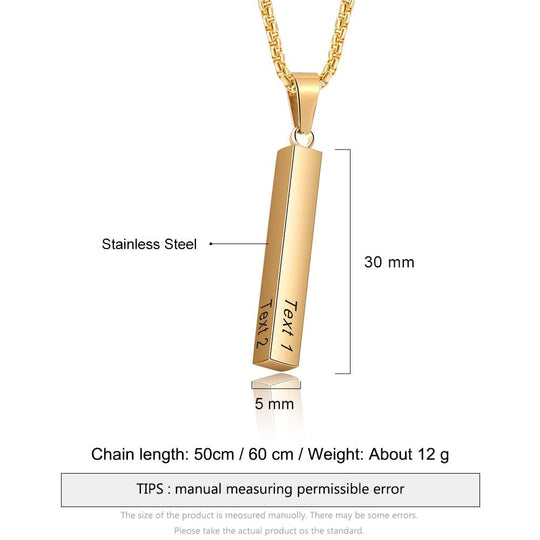 Men Vertical Bar Necklace Engraved 4 Side Personalized 3D Bar Necklace Gold Necklace for man MelodyNecklace