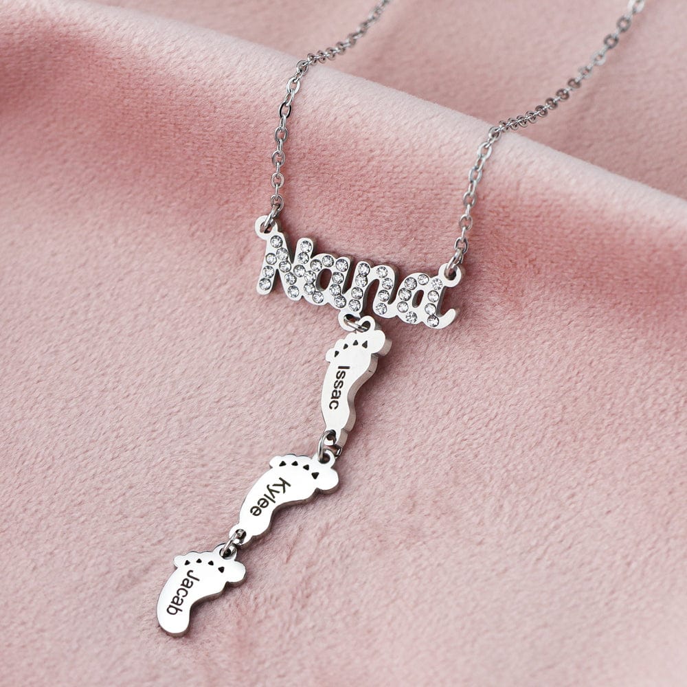Mother's Day Gift Diamond Nana Necklace With Personalized Feet Mom Necklace MelodyNecklace