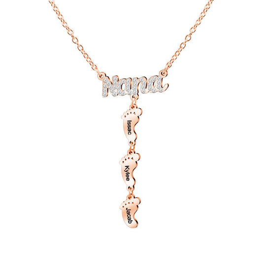 Mother's Day Gift Diamond Nana Necklace With Personalized Feet Rose Gold Mom Necklace MelodyNecklace