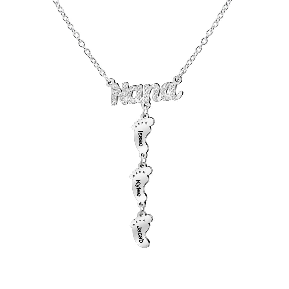Mother's Day Gift Diamond Nana Necklace With Personalized Feet Silver Mom Necklace MelodyNecklace
