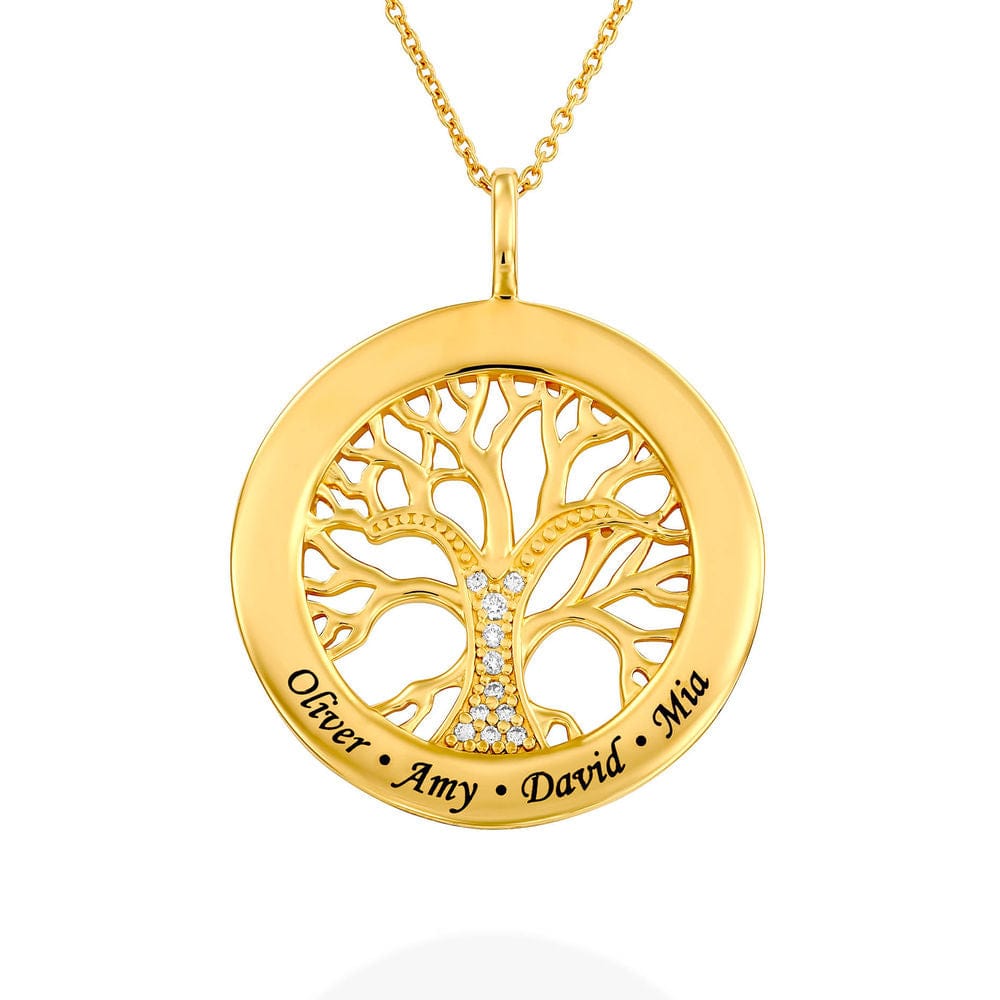 Mother's Day Gift Family Tree Circle Necklace with Diamond Gold Mom Necklace MelodyNecklace