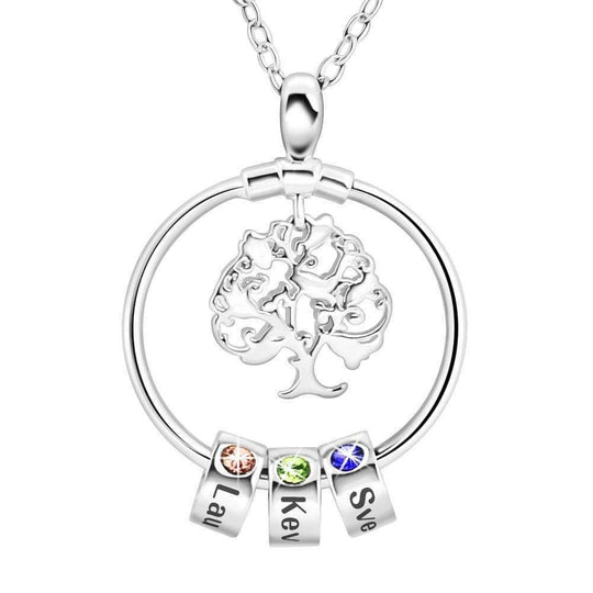 Mother's Day Gift Personalized Circle Pendant with Custom Birthstone Beads Family Tree / Silver Mom Necklace MelodyNecklace