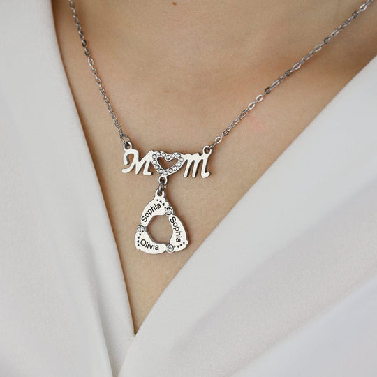 Mother's Day Gift Personalized Diamond Mom Necklace With Crystal Baby Feet Mom Necklace MelodyNecklace