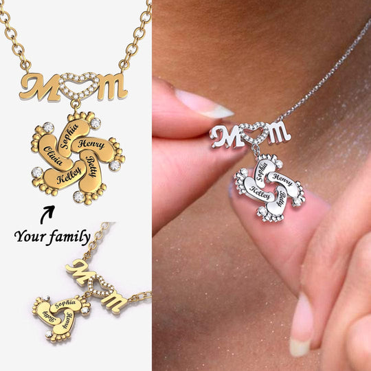 Mother's Day Gift Personalized Heart Crystal Mom Necklace With Baby Feet Mom Necklace MelodyNecklace