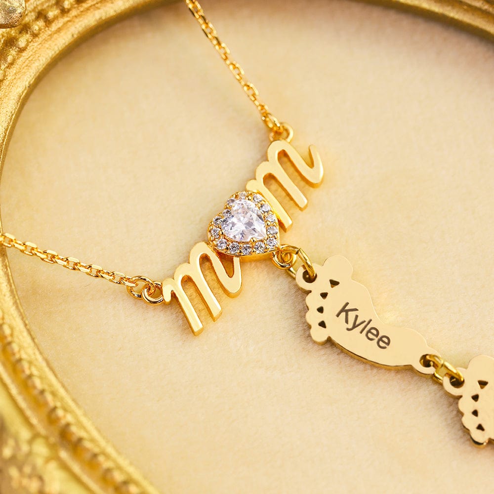 Mother's Day Personalized Diamond Heart Mom Necklace With Baby Feet Mom Necklace MelodyNecklace