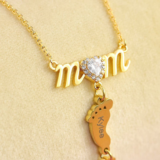 Mother's Day Personalized Diamond Heart Mom Necklace With Baby Feet Stainless steel / Gold Mom Necklace MelodyNecklace