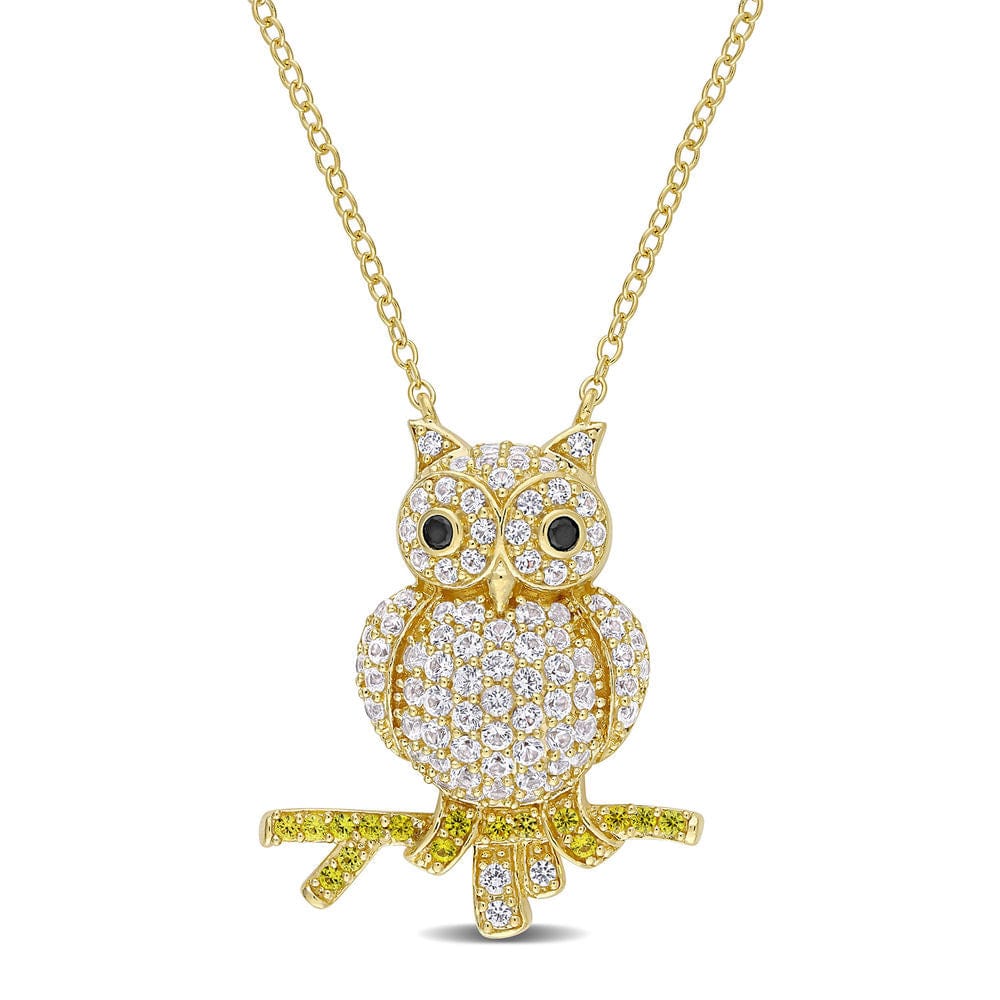 Owl Necklace with Lab-Created White and Yellow Sapphires & Black Spinel Necklace MelodyNecklace