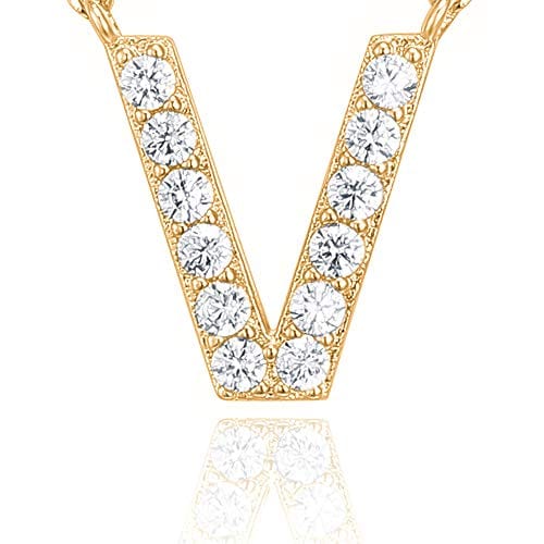 PAVOI 14K Yellow Gold Plated Cubic Zirconia Initial Necklace | Letter Necklaces for Women V / yellow gold plated Pendant Necklaces Visit the PAVOI Store