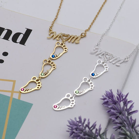 Personalized 1-8 Footprint Name Necklace With Birthstones mylongingnecklace