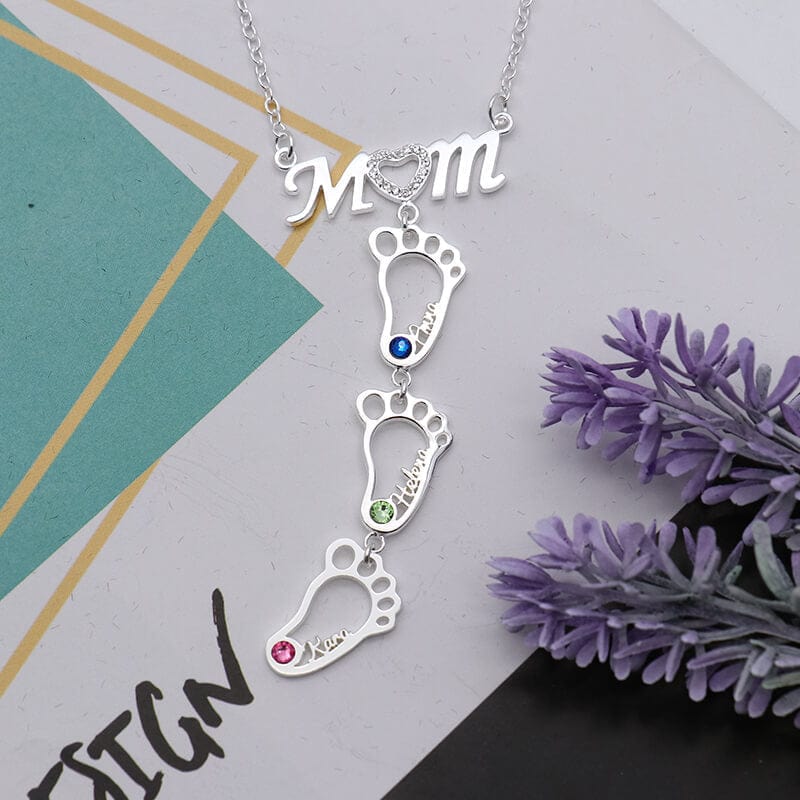 Personalized 1-8 Footprint Name Necklace With Birthstones Silver mylongingnecklace