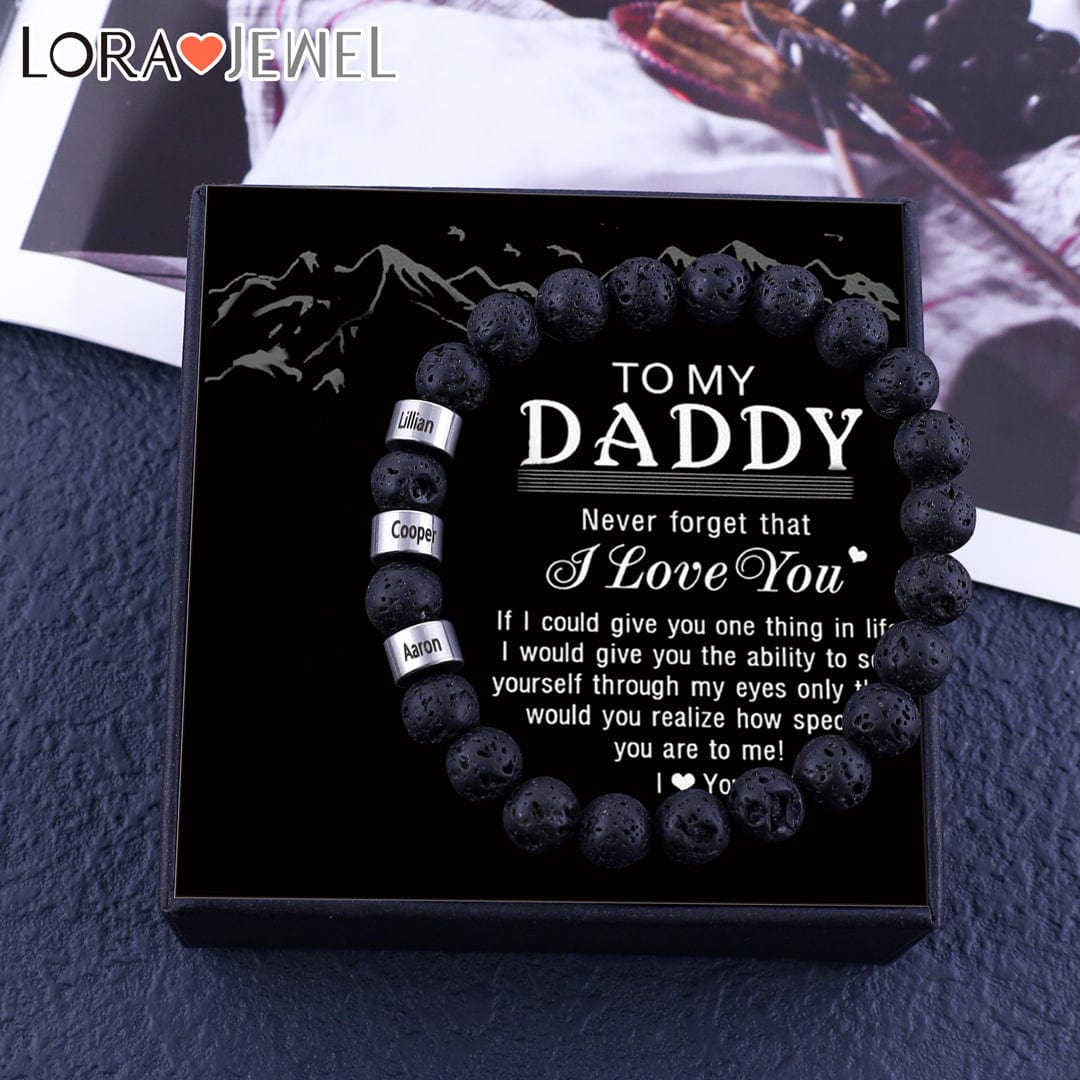 Personalized Black Onyx Bracelet with 3 Names Beaded Men Bracelet Silver / 7.7" / To My Daddy Bracelet For Man MelodyNecklace