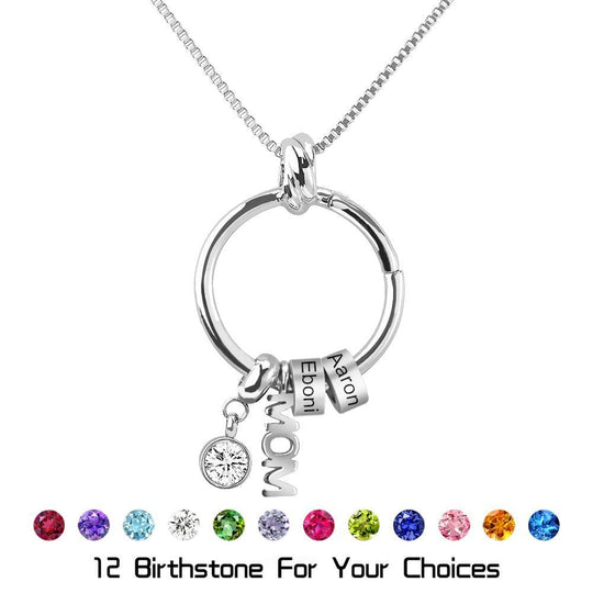 Personalized Circle Necklace with Name and Birthstone beads(leaf/heart/mom charm for choice) Mom Necklace MelodyNecklace