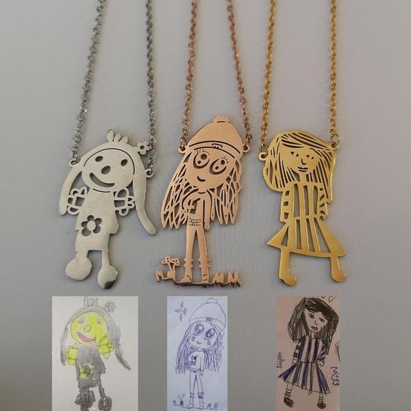 Personalized Engraved Children Art Drawing Necklace & Keychain Necklace / Silver Necklace MelodyNecklace