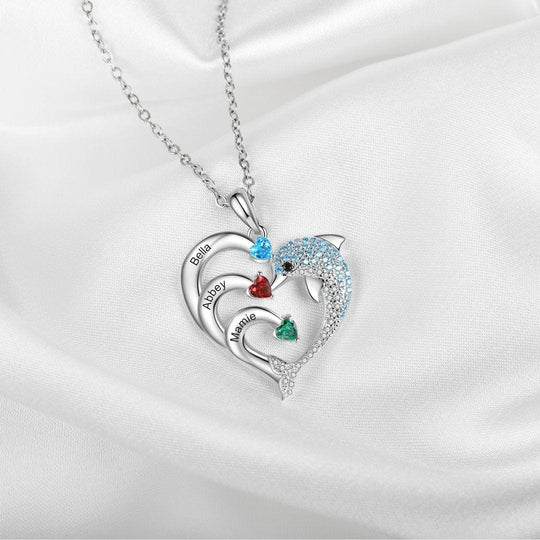 Personalized Heart Dolphin Necklace Custom 2 Birthstones Necklace for Her mylongingnecklace