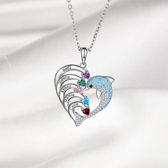 Personalized Heart Dolphin Necklace Custom 2 Birthstones Necklace for Her mylongingnecklace
