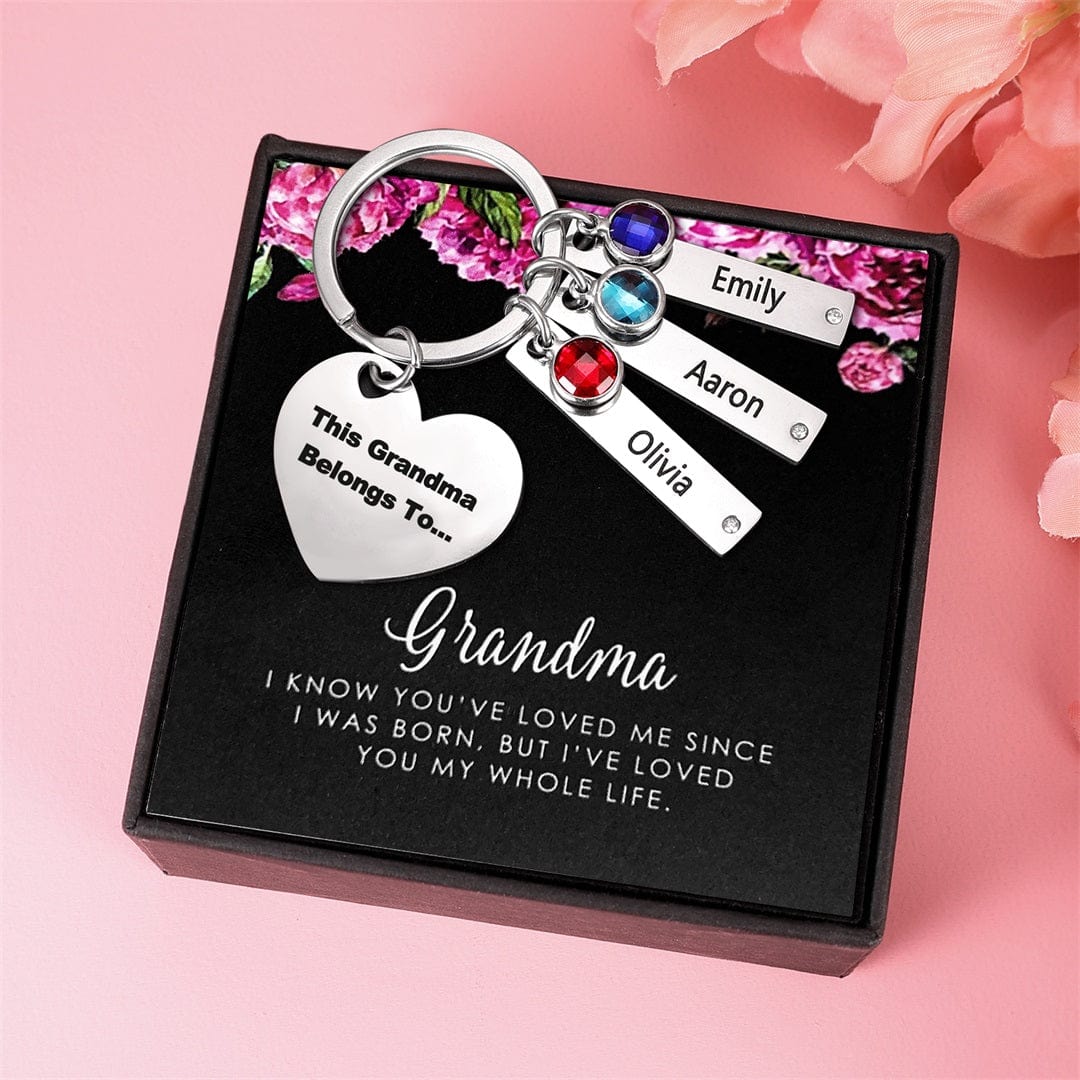 Personalized Heart Keychain with Birthstones Engraved 5 Names Family Keychain To My Grandma b5-n5-t1