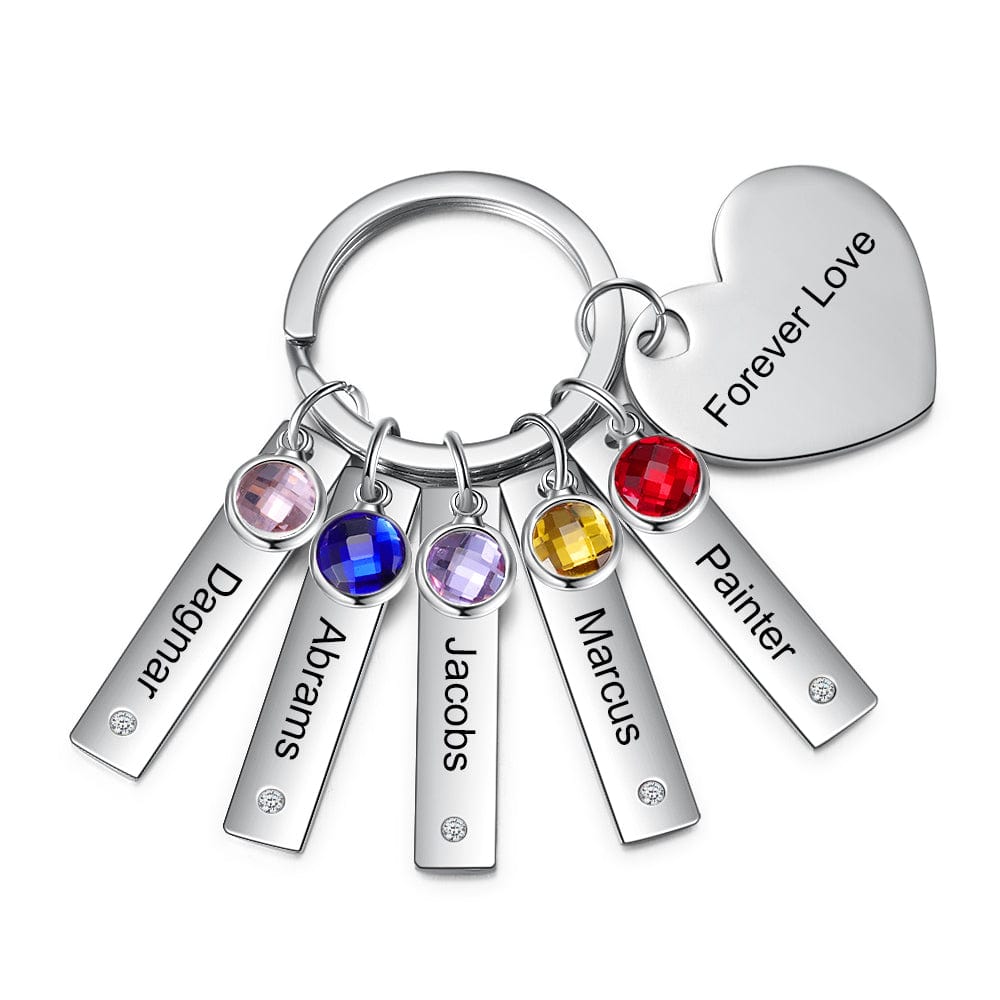 Personalized Heart Keychain with Birthstones Engraved Names Family Keychain None Keychain MelodyNecklace