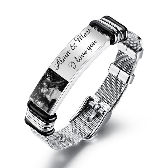 Personalized Men Photo Bracelet Engraved ID Bar Bracelet for Boyfriend Silver Bracelet For Man MelodyNecklace