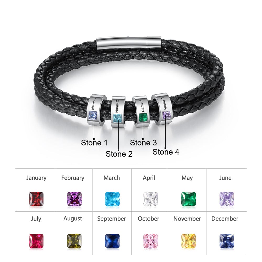 Personalized Mens Leather Bracelet Engraved 6 Names with Birthstones b6-n6