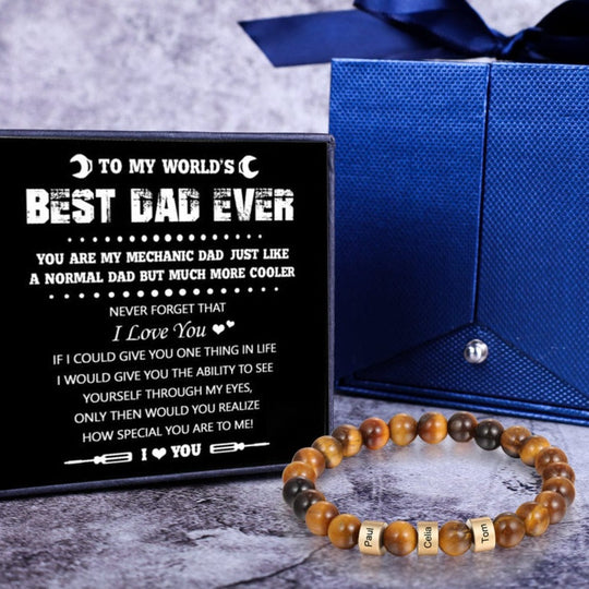 Personalized Tiger Eye Bracelet with 3 Names Beaded Men Bracelet Gold / 7.7" / Best Dad Ever n3