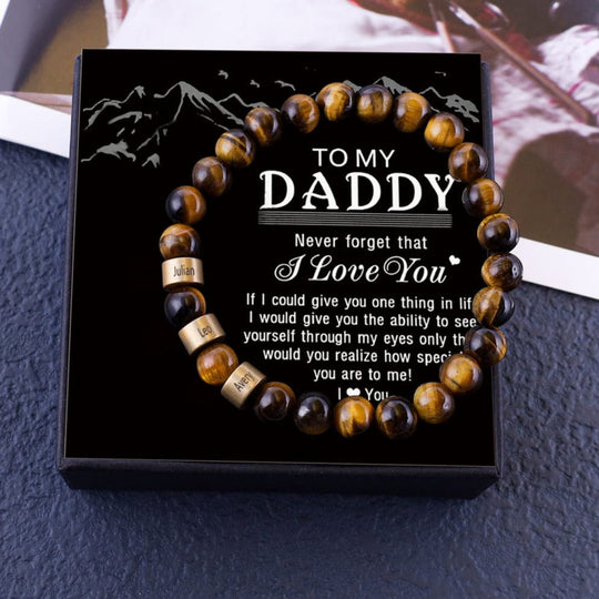 Personalized Tiger Eye Bracelet with 3 Names Beaded Men Bracelet Gold / 7.7" / To My Daddy n3
