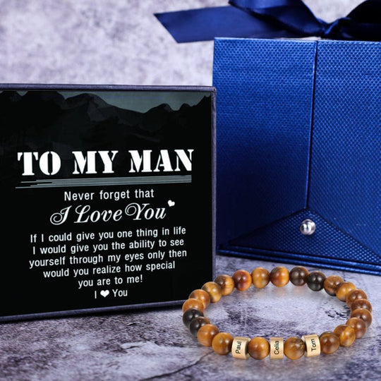 Personalized Tiger Eye Bracelet with 3 Names Beaded Men Bracelet Gold / 7.7" / To My Man n3