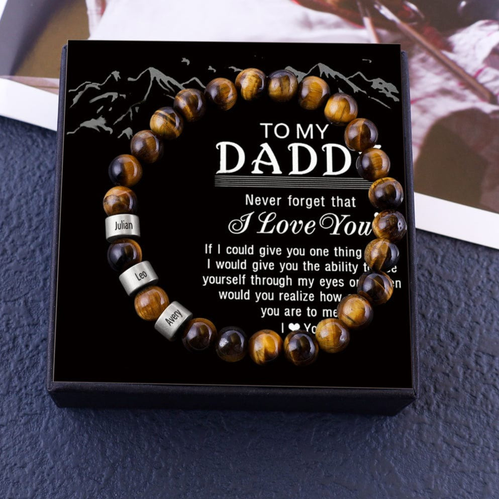 Personalized Tiger Eye Bracelet with 3 Names Beaded Men Bracelet Silver / 7.7" / To My Daddy n3
