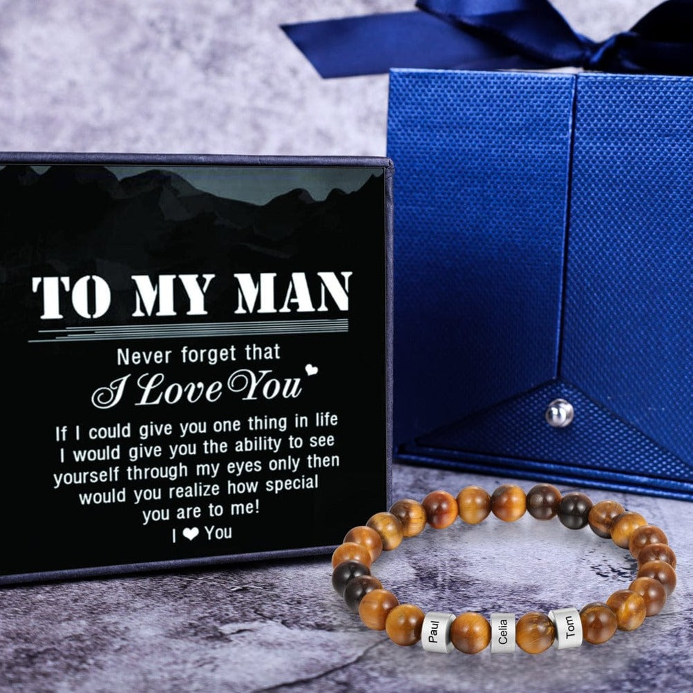Personalized Tiger Eye Bracelet with 3 Names Beaded Men Bracelet Silver / 7.7" / To My Man n3