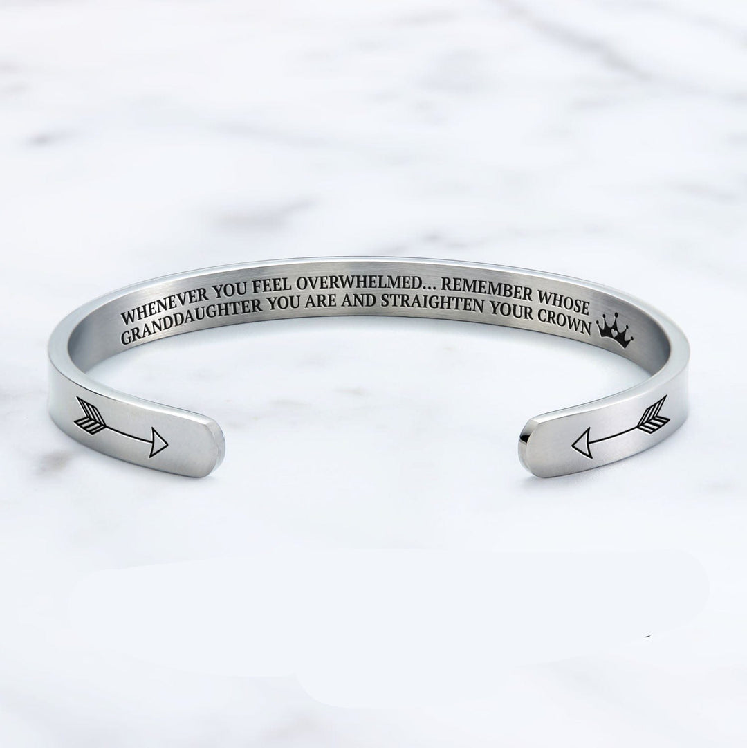 Remember Who You Are and Straighten Your Crown Cuff Bangle Bracelet Granddaughter / Silver Cuff Bracelet Mint & Lily