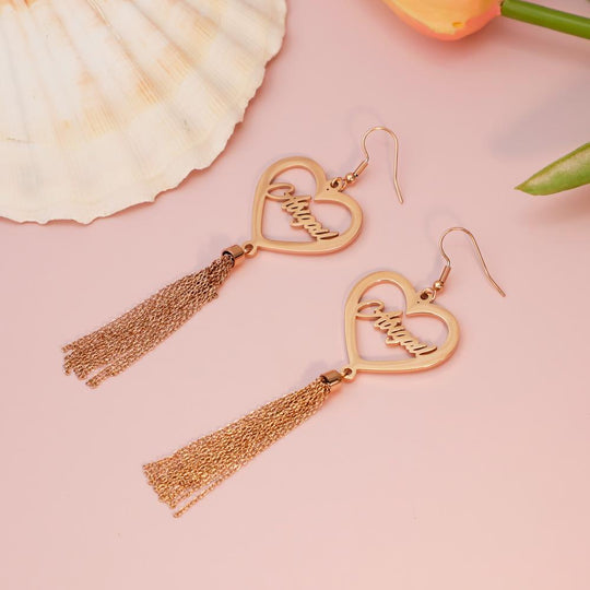 Tassel Earrings with Personalized Heart Charm or Round Charm Peach Heart / Rose Gold Earring MelodyNecklace
