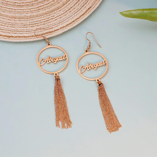 Tassel Earrings with Personalized Heart Charm or Round Charm Round Heart / Rose Gold Earring MelodyNecklace