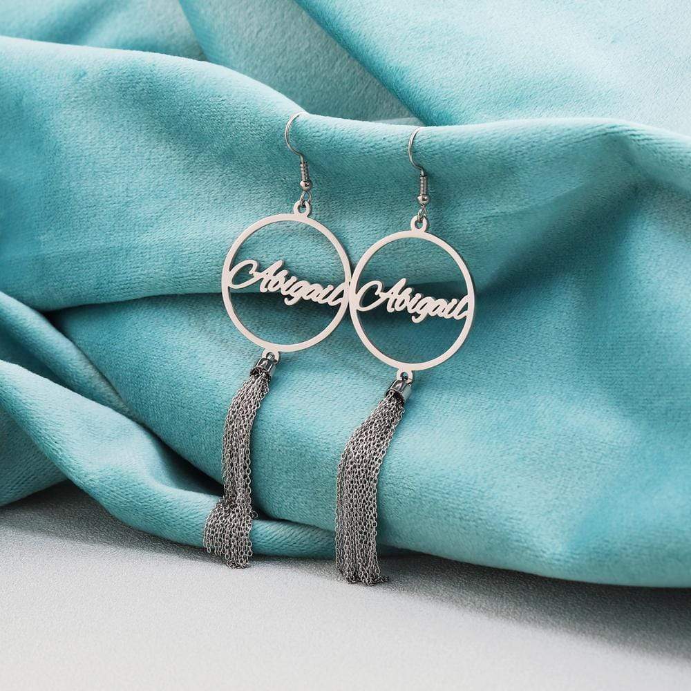 Tassel Earrings with Personalized Heart Charm or Round Charm Round Heart / Silver Earring MelodyNecklace