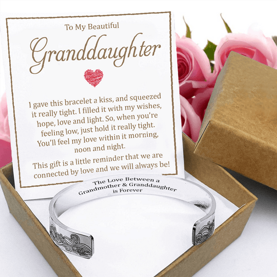 To My Beautiful Granddaughter Cuff Bracelet "I Gave This Bracelet A Kiss" White Gold Necklace for girl MelodyNecklace