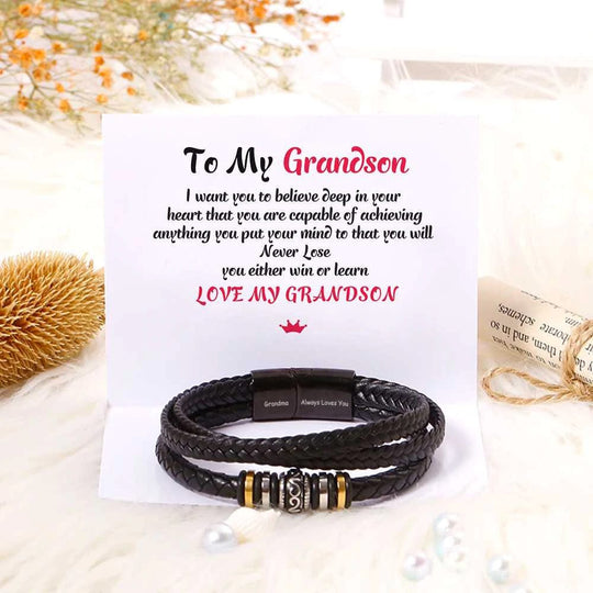 To My Grandson, Inspirational Leather Bracelet Bangle with Message Card Gifts For Him n1