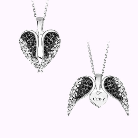 Valentine's Day Gift Angle Wing Heart Necklace With Name Heart Inside Black & White Valentine Necklace MelodyNecklace