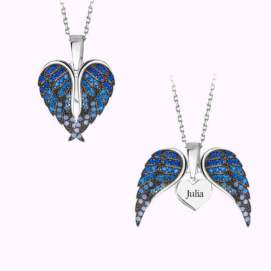 Valentine's Day Gift Angle Wing Heart Necklace With Name Heart Inside Blue Valentine Necklace MelodyNecklace