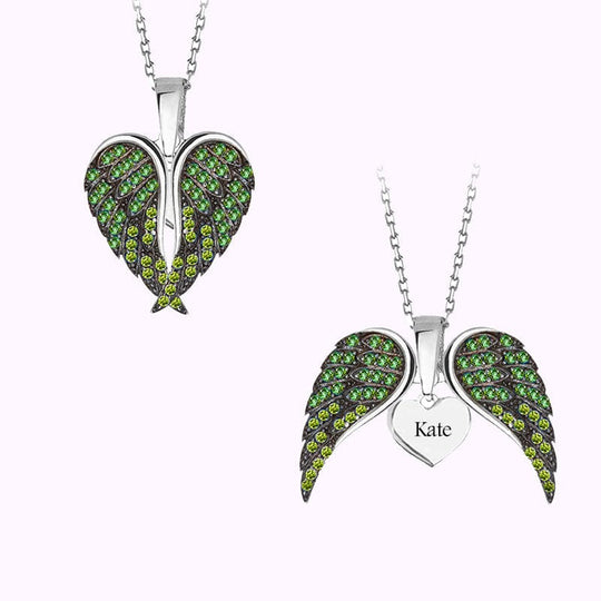Valentine's Day Gift Angle Wing Heart Necklace With Name Heart Inside Green Valentine Necklace MelodyNecklace