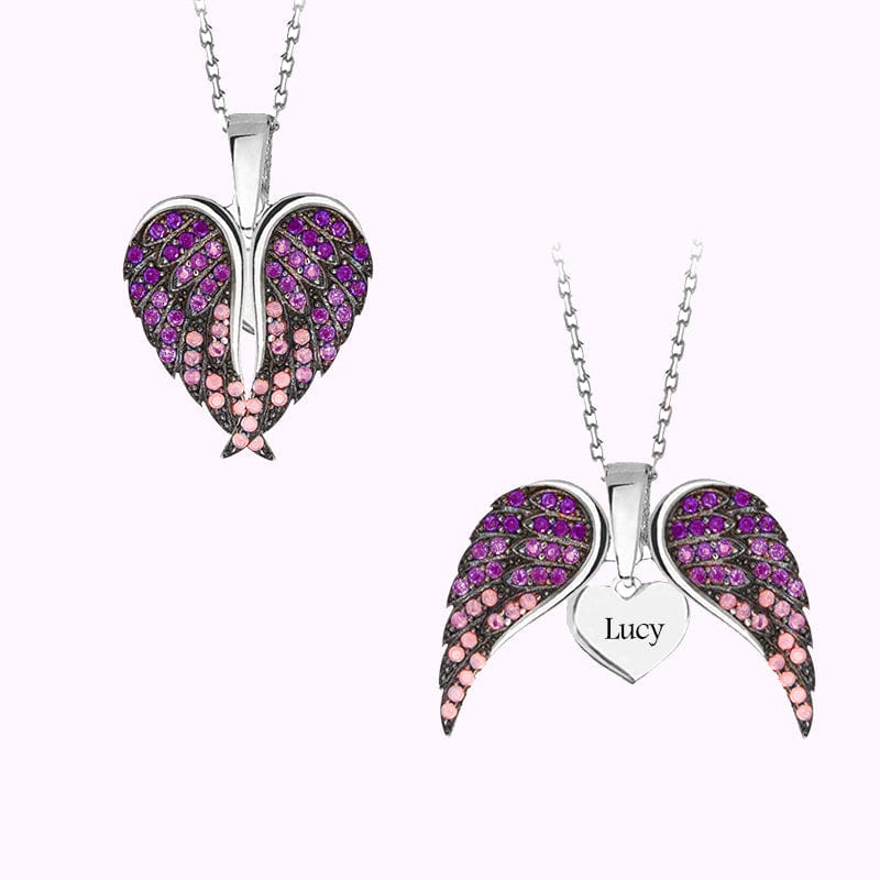 Valentine's Day Gift Angle Wing Heart Necklace With Name Heart Inside Purple & Pink Valentine Necklace MelodyNecklace