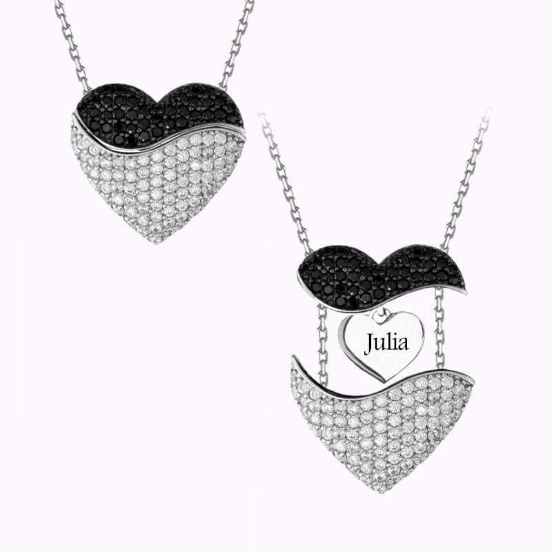 Valentine's Day Gift Love Heart Necklace With Name Heart Inside Black & White Gel-Charm
