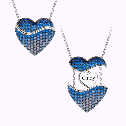 Valentine's Day Gift Love Heart Necklace With Name Heart Inside Blue Gel-Charm