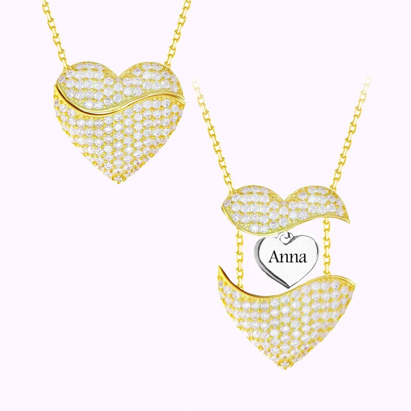 Valentine's Day Gift Love Heart Necklace With Name Heart Inside Gold & White Gel-Charm